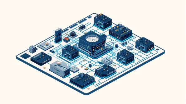 Illustration industrieller Elektronik, Steuerungen und Automatisierungskomponenten.