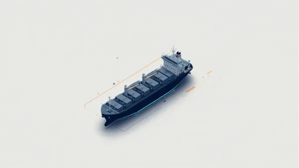 Illustration eines zivilen Frachtschiffs und technischer Marinekomponenten.