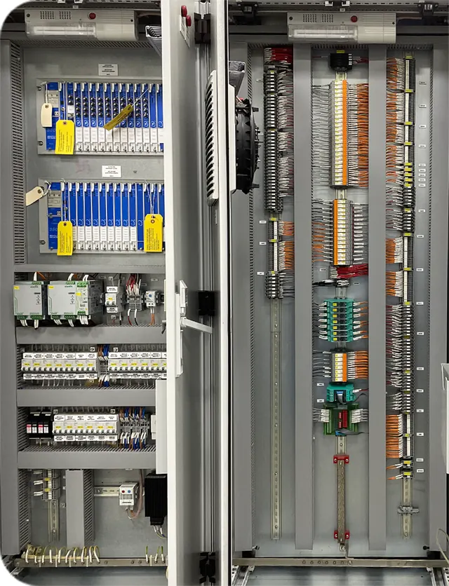 Geöffneter EIC-Schaltschrank zur Maschinenüberwachung